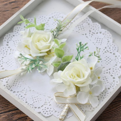 Elegant Round Silk Flower Wrist Corsage/Boutonniere/Wedding Bouquet sets (set of 2) - Wrist Corsage/Boutonniere