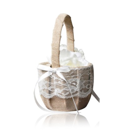 Flower Girl Linen/Lace Flower Basket With Bow/Ribbon