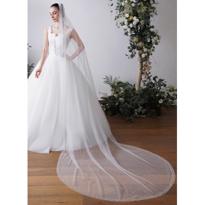 One-tier Pearl Trim Edge Chapel Bridal Veils With Faux Pearl