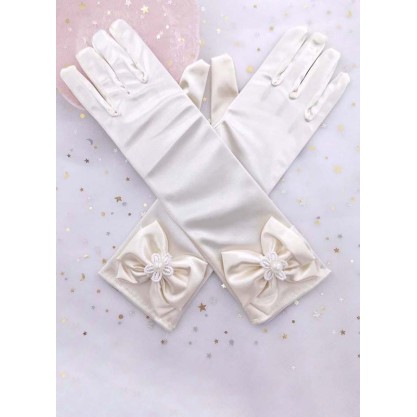 Flower Girl Elastic Satin Elbow Length Glove With Faux Pearl