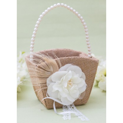 Flower Girl Linen/Plastic Flower Basket With Applique/Beading