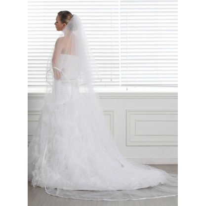 Two-tier Satin Edge Cathedral Bridal Veils With Ribbon
